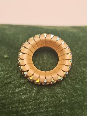 Vintage Matte Bronze Round Crystal-Trim Pendant, A.B. Rhinstones.